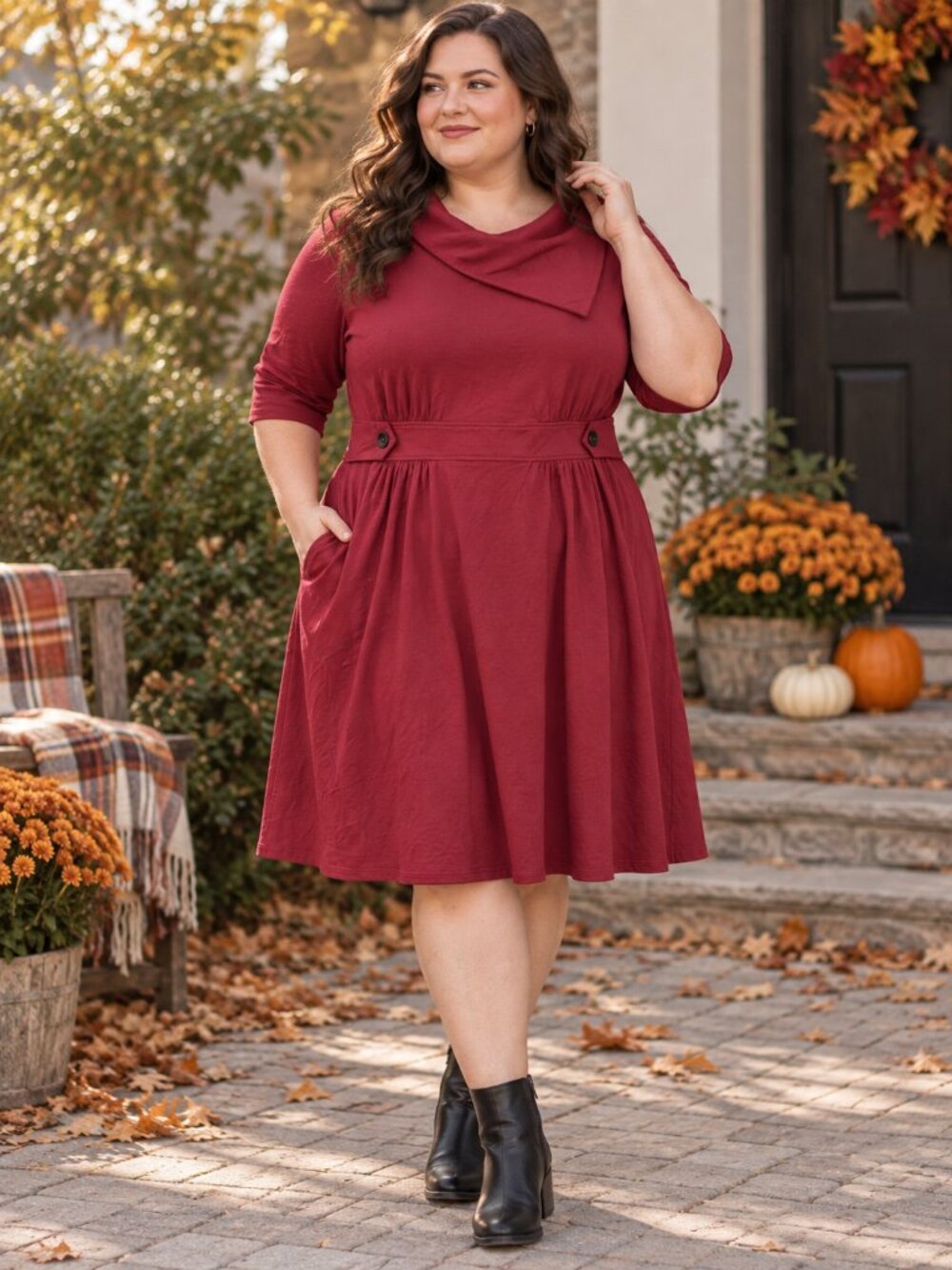 eShakti Burgundy Red Asymmetrical Cowl Neck Fit & Flare Dress Size 20W
